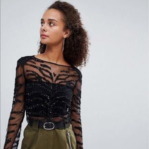 Bershka tiger embellished mesh top